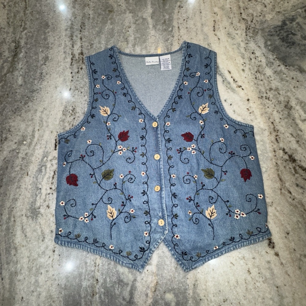 Vintage Bobbie Brooks Sz M Denim Best Embroidered Flowers Teacher Garden